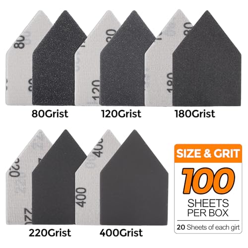 POLIWELL Silicon carbide sandpaper 100-Piece Pack 90mm x 65mm 80/120/150/180/240 Grit Triangle Sanding Sheets with Hook & Loop Fastening Replacement for Milwaukee M12 Orbital Detail Sander Accessories - size: MIX
