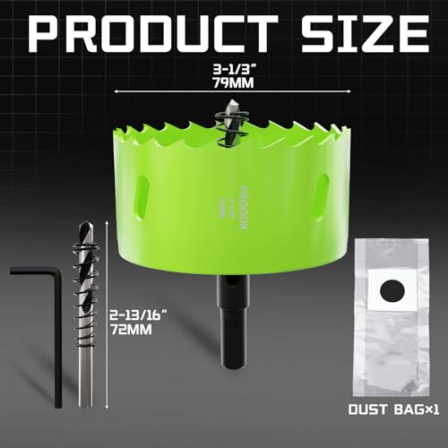3-1/8" (79mm) Bi-Metal Hole Saw with Arbor - Multi-Material Cutting Kit for Thin Iron, Wood & Drywall - High-Speed Steel Teeth with Smooth Cutting Edge,Fast Chip Removal & Bonus Dust-Proof Bag - size: 3-1/8" (79mm)