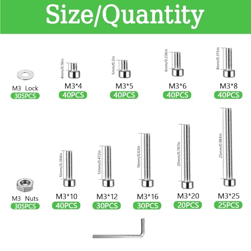 915Pcs M3 Screws Assortment, Hex Socket Head Cap Screw Bolts Nuts Washer Kit, Stainless Steel,9-Sizes M3x4/5/6/8/10/12/16/20/25mm Screws for 3D Printer DIY - size: M3 x 4/5/6/8/10/12/16/20/25-915Pcs