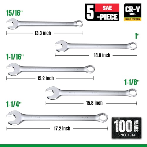 SK Long Pattern Combination Wrench Set, SAE 15/16" to 1-1/4", 5-Piece