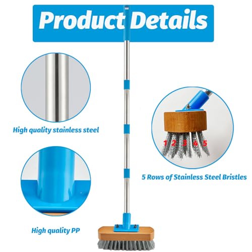 YONILL Stainless Steel Deck Scrub Brush with 60" Long Handle for Concrete - color: Blue
