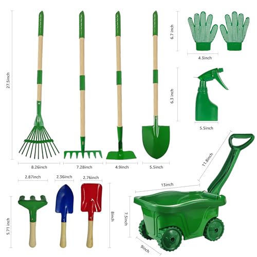 VICHTOP 10Pcs Kids Gardening Tools Set - Wheelbarrow Toys with Shovel, Rake, Hoe and Leaf Rake for Outdoor Backyard Play, STEM Educational Toys, for Toddler Boys & Girls Ages 3 4 5