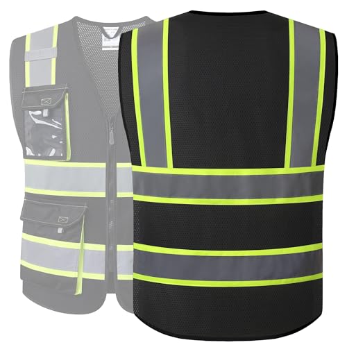 JKSafety Hi Vis Reflective Safety Vests for Men Women High Visibility Vest with Pockets Fabric Construction Safety Apparel Neon Vest for Work (220-Black M) | 5 utility Pockets 4 Reflective Strips High Visibility Mesh Fabric Construction Safety Apparel Neo