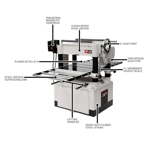JET 20-Inch Thickness Planer for Woodworking, Straight Knife Cutterhead with 2-Speed (24 FPM / 31 FPM) Feed Rate, 3 HP, 230V 1Ph (JPW-208-1)
