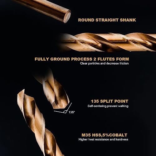 HIDOTOL 13 PCS Cobalt Drill Bit Set M35 HSS Twist Drill Bits 1/16"-1/4" for Hardened Metal, Stainless Steel, Cast Iron, Plastic and Wood - size: Cobalt 13 PCS