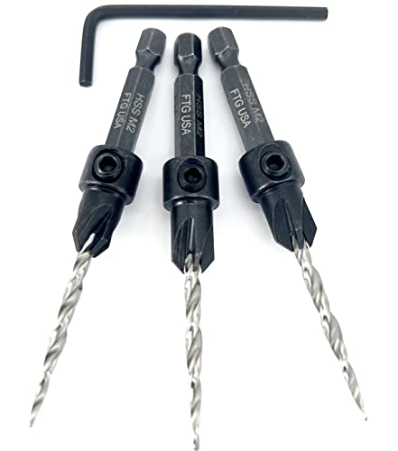 FTG USA #6 (9/64") Wood Countersink Drill Bit 3-Pc Set with Hex Key - size: #6, style: 3 Pc w/o Depth Stop
