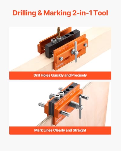 VEVOR Doweling Jig Kit, Self Centering Dowel Drill Jig for Straight Holes, Aluminum Alloy Woodworking Tools with 6 Drill Guide Bushings, Adjustable Width, for Wood Working, Drilling and Marking - size: Pro, style: Doweling Jig