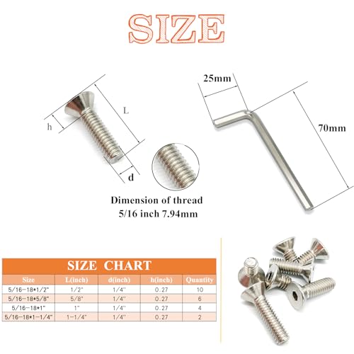 22pcs 5/16-18 4 Sizes Countersunk Head Screws, Flat Socket Head Cap Screws Assortment Kit with Allen Keys, 304 Stainless Steel Socket Cap Bolts Flat Countersunk Head Machine Screws - size: 304-4Size-5/16-22P