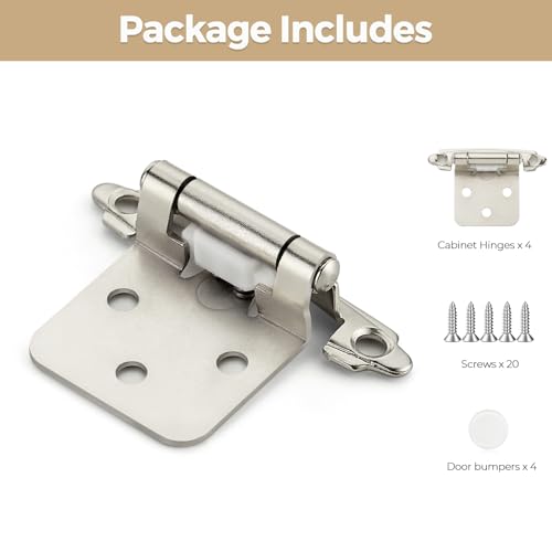 4 Pack 2 Pair Brushed Nickel Cabinet Hinges, 1/2" Overlay Kitchen Hinges - color: Satin Nickel, size: 1/2" Overlay