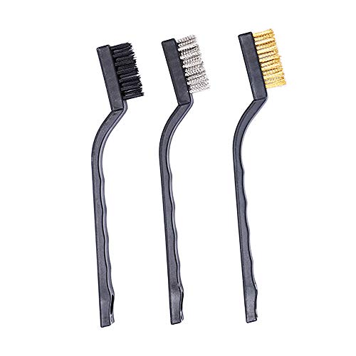 3Pcs Mini Wire Brush Set for Cleaning and Rust Removing, 7 Inch Industrial Wire Brushes of Stainless Steel/Nylon/Brass Bristles - color: Black