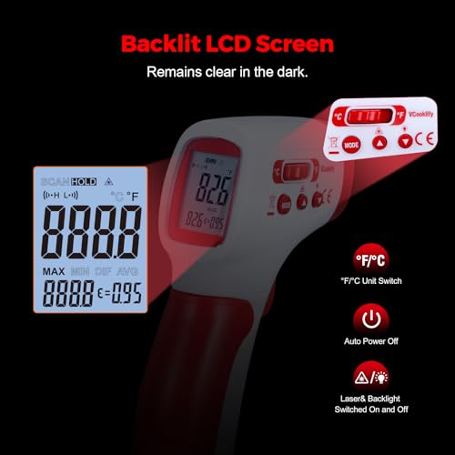 Infrared Thermometer for Meat,Laser Temperature Gun,-58~1112°F,DS 12:1 Digital IR Temp Gun with Adjustable Emissivity&High/Low Alarm,LCD Display Thermal Gun for Food Oven Cooking HVAC - color: Red