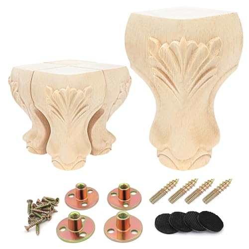 4Pcs Solid Unfinished Wood Furniture Legs European Style Carving Replacement Feet for Sofa Cabinet Wardrobe Loveseat Couch Ottoman Coffee Table 4 Inch - color: A