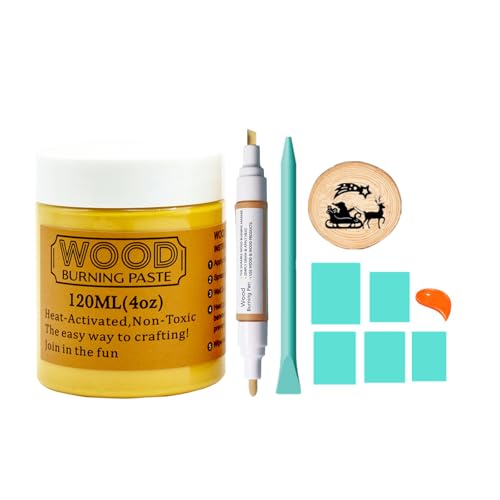 Wood Burning Paste Pen Kit 8pcs, 4OZ Wood Burning Gel with Pen, 6pcs Squeegees, Heat Activate Paste for Craft Stencil, Etching Cream Wood Burning Design for Beginners DIY on Wood, Canvas, Denim - color: 2+6 Wood Burning Gel Kit