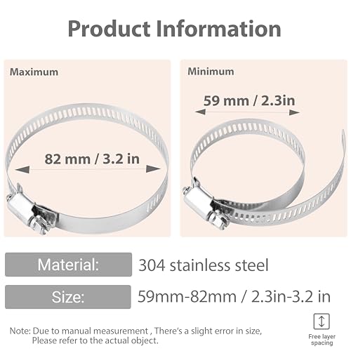 3-1/4 Inches Hose clamps, 304 Stainless Steel Worm Gear Hose Clamps,10 Pcs Fuel Line Pipe Clamps - size: 2.5 in - Φ59~82 mm
