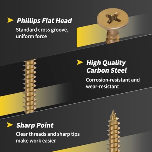 240PCS Wood Screws Assortment Kit, FIXLINK Zinc Coated Flat Head Screws Set - color: Yellow Zinc