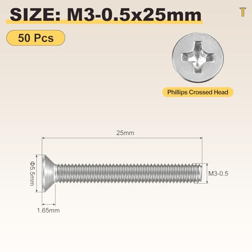 METALLIXITY M3-0.5x25mm Phillips Flat Head Bolts 304 Silver 50Pcs - color: Silver, size: M3-0.5x25mm