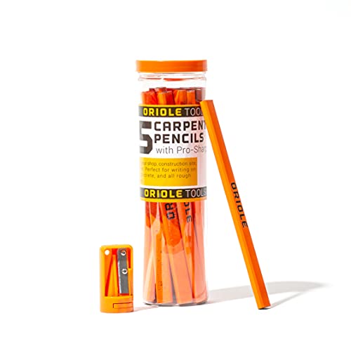 Carpenter Pencils 15 Pack with Sharpener and Storage Container — Flat Construction Pencils for Framing, Woodworking, Concrete, Drywall | For Contractors & DYI