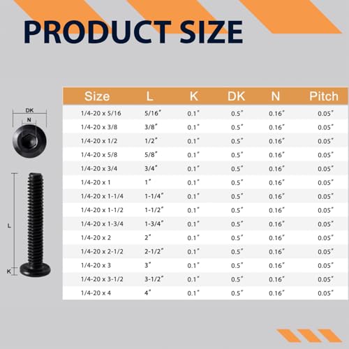 1/4-20 x 1-3/4" (20 Pack) Flat Head Hex Socket Cap Screws Bolts, Black Oxide 304 Stainless Steel 18-8, Hex Drive, Fully Machine Thread Furniture Bolts, with Hex Spanner - size: 1/4-20 x 1-3/4"