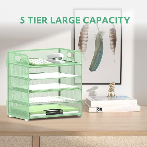 Supeasy 5 Trays Paper Organizer Letter Tray with Handle-Mesh Desk File Holders, Paper Sorter Desk Organizer for Office, Home, Classroom or School(Mint Green) - color: Mint Green