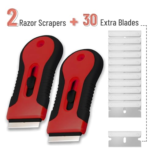 Bates- Razor Blade Scraper Tool, 2 Pack, 30 Extra Stainless Steel Blades, Anti-Slip Ergonomic Handle Design, Razor Scraper Set for Cleaning Window, Paint, Oven, Glass, Stove - color: Black & Red