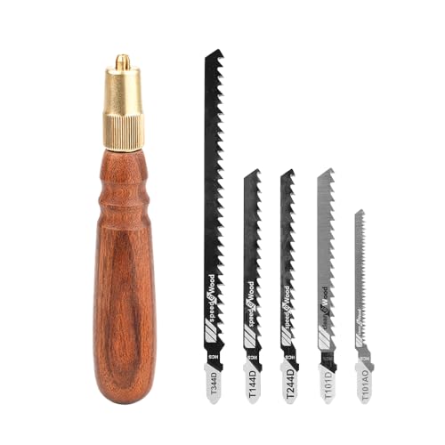 TOOLCOOL Wooden Handle Mini Hand Saw Small Jig Saw With 5 Pcs Fine Coarse Teeth Jigsaw Blades Woodworking Tools for Wood Cutting and Tree Branch Trimming (Round Handle)