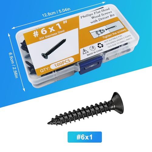 100PCS #6 x 1 Black Wood Screws, Flat Head Stainless Steel Sheet Metal Screws, Fast Self Tapping Screws for Deck Drywall Concrete Screws with Screwdriver Bit - style: Black #6X1" Flat Head 100PCS