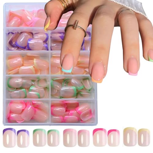240Pcs French Tip Press On Nails Short Square Fake Nails Press Ons Set Full Cover Acrylic Glue on Nails Reusable Glossy Artificial Nail Kit False Nails for Women Girls Manicure 12 Color - color: Color French Tip Short Square