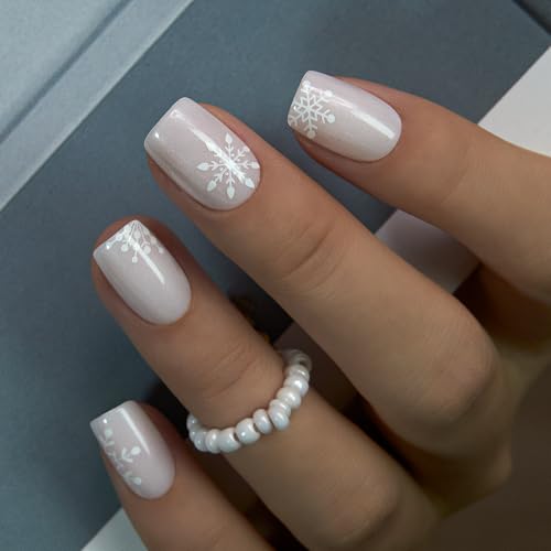 CurvLife Short Sqaure Press On Nails, White Snowflake, Soft Gel - color: White Snowflake Nails
