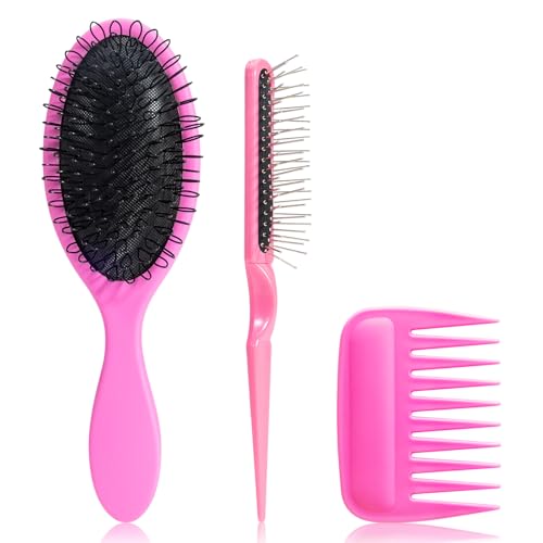SIMPOR 3 PCS Wig Brush Comb Set, Hair Wig Comb Set for Synthetic, Professional Extension Loop Brush 3 Row Wire Brushes for Human and Synthetic Hair - color: Pink