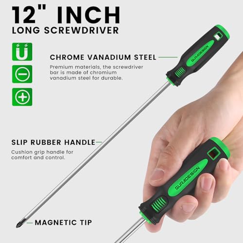 GURADESIGN 4-Piece 12" Long Screwdriver Set Slotted and Phillips, Long & Short Magnetic Screwdriver Set