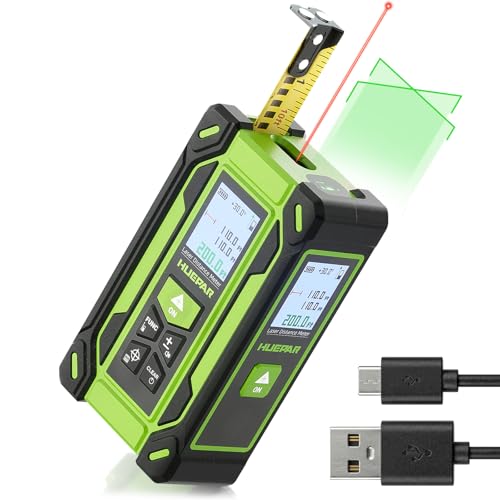 Digital Laser Tape Measure 4-in-1, HUEPAR ±1/16" Laser Measure with Dual HD Display, 200Ft Rechargeable Laser Measurement&33Ft Green Cross Line Laser&10Ft Tape, for Area/Volume/Pythagorean/Leveling
