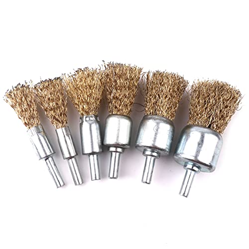 ATOPLEE 30pcs Brass Coated Wire Brush Wheel & Cup Brush Set with 1/4 Inch Round Shank,6 Sizes Crimped Wire Brush Wheel for Rust Removal, Corrosion and Scrub Surfaces,for Drill Attachment - style: 6 Sizes,30pcs
