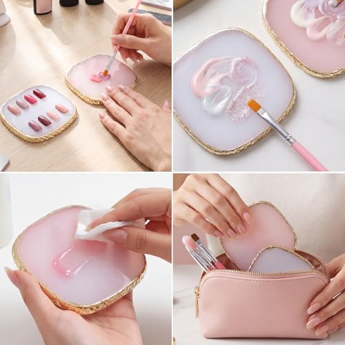 2 Pcs Resin Nail Art Palette, Pink Square Mixing Tray with Gold Edge - color: Pink, White