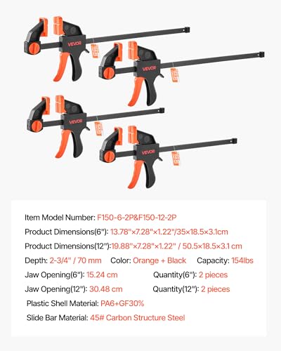 VEVOR Bar Clamps for Woodworking, 2-Pack 12 inch and 2-Pack 6 inch, One-Handed Clamp/Spreader, Quick-Grip F-Clamp with 154 lbs Load Limit, Premium Plastic and Steel, for Woodworking Metal working - size: 12"(4 Pack), style: Quick Grip