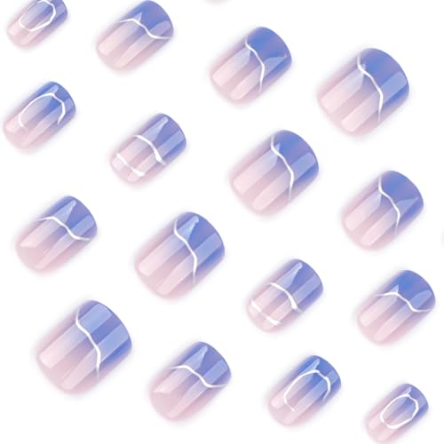 Mivota Short Square Press On Nails blue Nude Gradient False Nails with Silver Streaks Acrylic Press in Nail Gel Stick On Nails Set Glue on Nails for Women & Girls 24Pcs - color: 29-Blue gradient silver lines