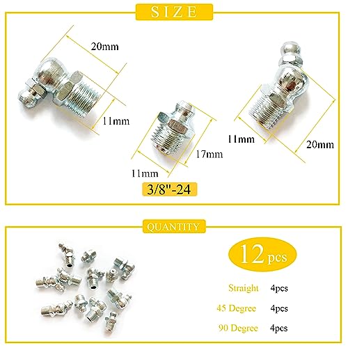 3/8"-24 12Pcs Grease Fitting Assortment - Straight 45 90 Degree Zerk Fittings, Galvanized Steel for Industrial/Agricultural Machinery, Cars, Ships - size: 3/8"-24 12Pcs