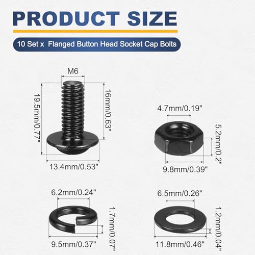 M METERXITY 10 Set M6 x 16mm Flanged Button Head Socket Cap Screws, Black 304 Stainless Steel 18-8 Hex Socket Head Screws Bolts, Nuts, Flat & Lock Washers for DIY, Furniture, Automotive - size: M6 x 16mm