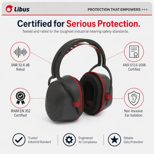 Industrial Ear Protection NRR 29 dB, L-360 Ear Muffs for Noise Reduction, Hearing Protection for Gun Range, Construction, Mowing, Adjustable Headband, Washable Cushions, ANSI and EN 352-1 Certified
