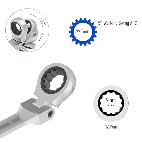 9mm Flex-Head Ratcheting Combination Wrench, 9mm Metric - size: 9mm