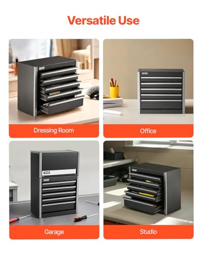 VEVOR Metal Tool Box, 8.6-inch, Portable Metal Tool Box with 5 Drawers, Small Tool Chest with EVA Liners and PP Feet Pads, Heavy-Duty Steel With Ball Bearing Opening and Powder Coated Finish, Black - size: 5 Drawers-Black