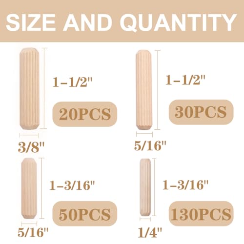 smseace 230Pcs Wooden Dowel Pins 1/4inch 5/16inch 3/8inch, Fluted Wood Dowels Rods for Crafts, Furniture, DIY Manual - size: 230Pcs - 4 Sizes
