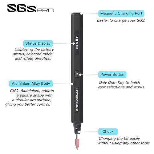 AM ARROWMAX Mini Engraving Pen with 42 Bits - Rotary Tool Smart Motion Control, OLED, Bluetooth, APP, Wireless Magnetic Charge, Engraving Pen for Metal, Wood, Glass and Plastic (SGS PRO) Black - color: Black, size: SGS PRO