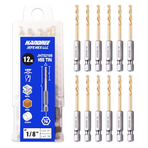 JEFE HEX 1/8" Hex Shank Drill Bits - 12 PCS HSS Titanium Drill Bits with Quick Change Shank Impact Driver Twist Drill Bit Set - size: 1/8" (12 pcs)