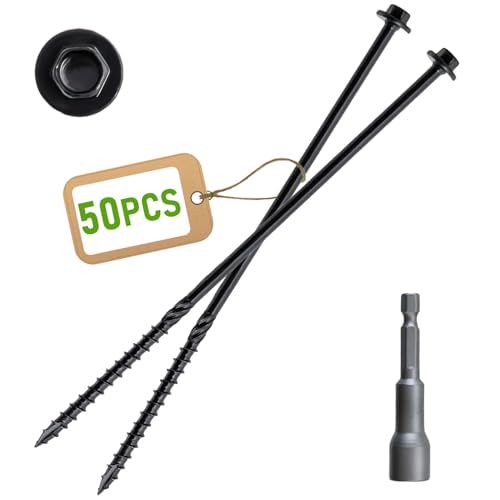 [Pack of 50] #14 x 8 Wood Structural Screws, Heavy Duty Hex Head Black Timber/Log/Landscaping Wood Screws, Rust Resistant, Hex Socket Included - color: Black, size: #14 x 8"