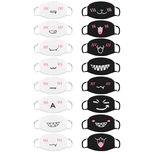 16Pcs Cute Face Mask for Women & Men Kawaii Anime Mask, Reusable Washable Cat Face Masks With Soft Cotton Anti-Dust Cute Masks for Adult Teens, Black & White