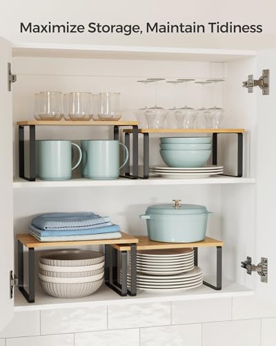 SONGMICS Cabinet Organizer Shelf, Set of 2 Spice Rack, Kitchen Storage - color: Ink Black + Natural Beige, size: 11.7"w