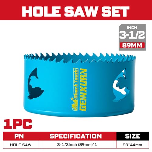 Geinxurn 3-1/2 Inch(89mm) Hole Saw, 1PC HSS Bi-Metal Hole Saw Kit with Shark Tooth Hole Cutter for Wood,Drywall, PVC Boards and Thin Metal - color: 1 PCS 3-1/2"