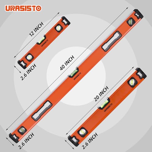 URASISTO 3-Piece Spirit Level Set, 12", 20", 40" Level Set with Magnetic Torpedo Level, 45°/90°/180°Bubbles Measuring, Aluminium Alloy Levels with Carrying Bag