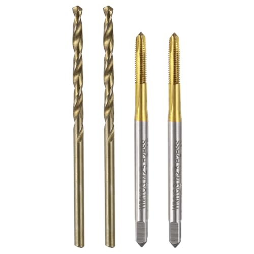 uxcell Metric Tap & Drill Bit Set, 2pcs M2.5 x 0.45 Spiral Point Thread Taps Titanium Coated and 2pcs 2.1mm Twist Drill Bits Roasted Yellow, Screw Tapping Threading Tools - size: M2.5 x 0.45 + 2.1mm