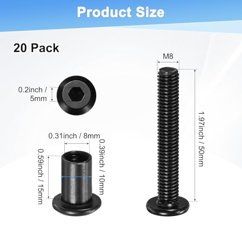 M METERXITY 20-Pack Hex Drive Socket Cap Bolt, M8 x 50mm Carbon Steel Furniture Connector Bolts Barrel Nuts for Furniture Assembly/Cabinet/DIY Binding Post Screws Rivet Fasteners [Black] - size: M8 x 50mm
